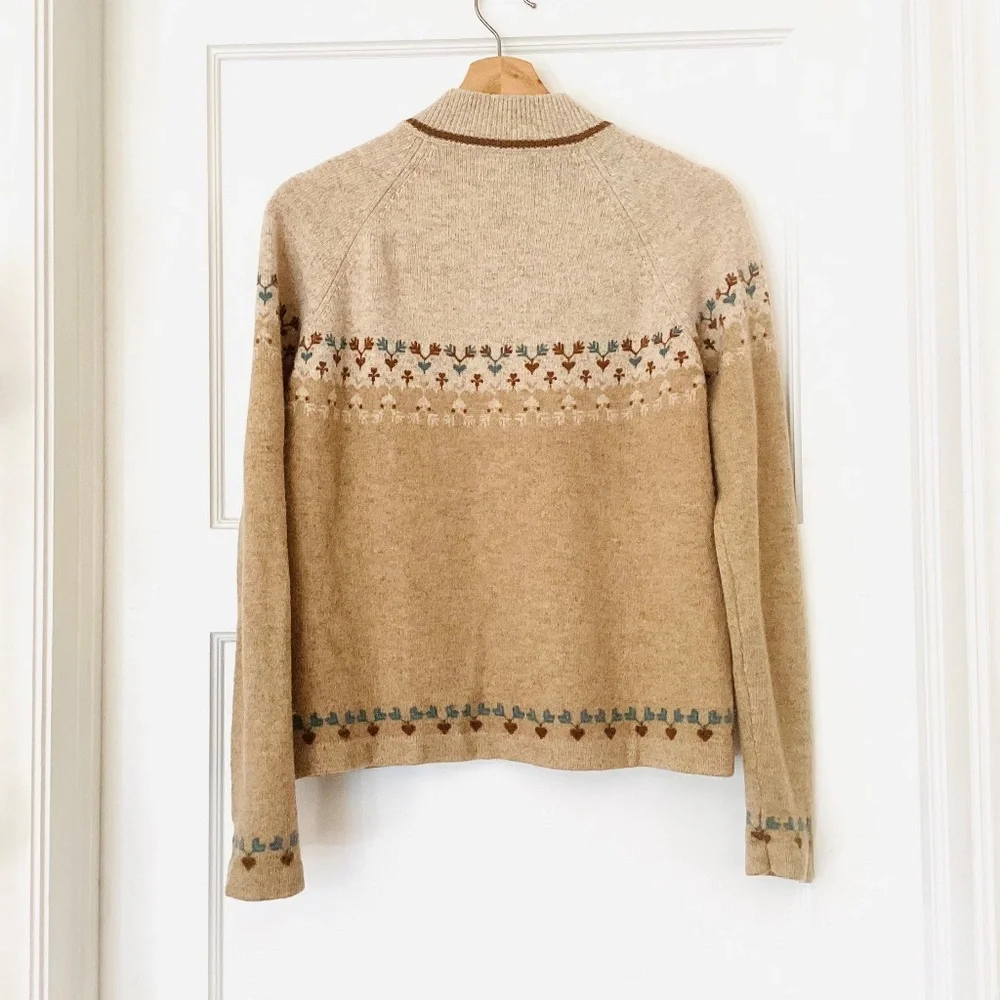𝅺Woolrich Women’s Lamb’s Wool 1/4 zip Sweater M Raglan Skiing Fair Isle Camel - Picture 10 of 12